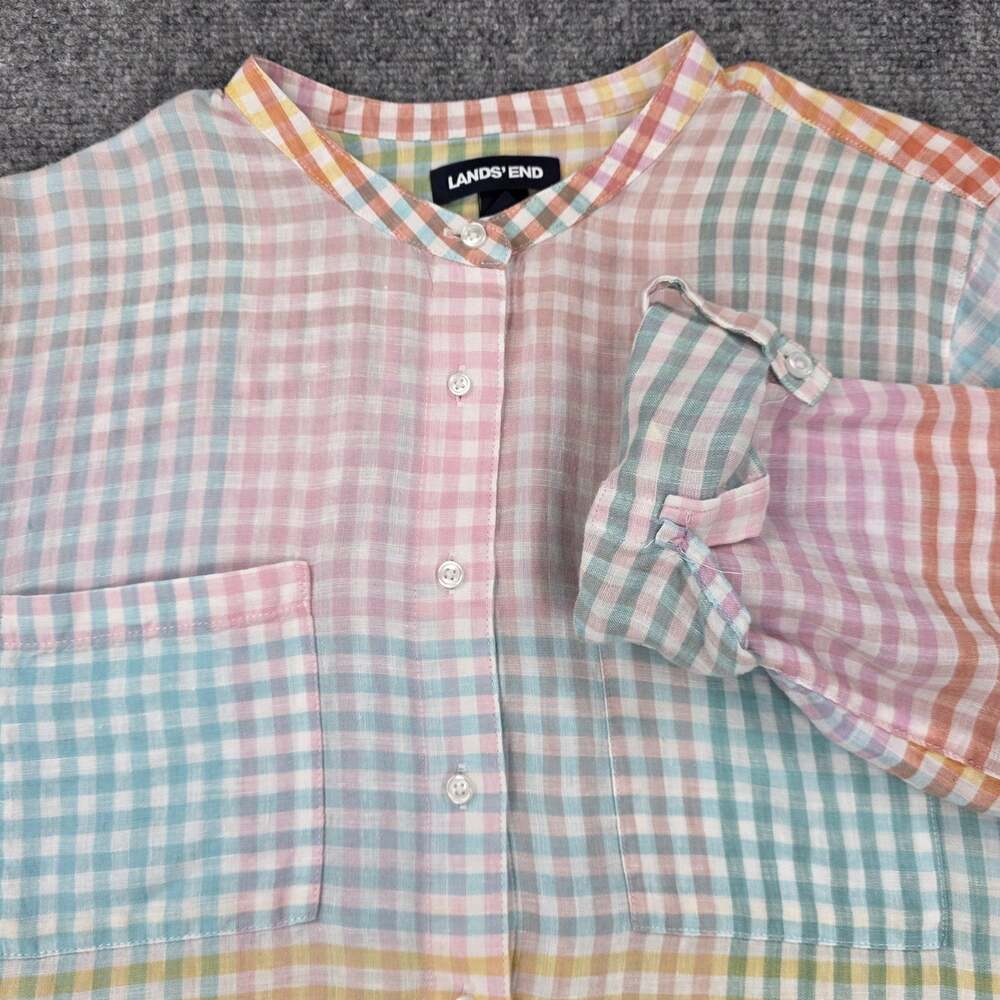 Lands End Shirt Womens Large Multicolor Check Linen Long Roll Tab Sleeve Tunic